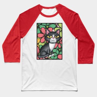 Cute Tuxedo Cat in colorful flowers Baseball T-Shirt